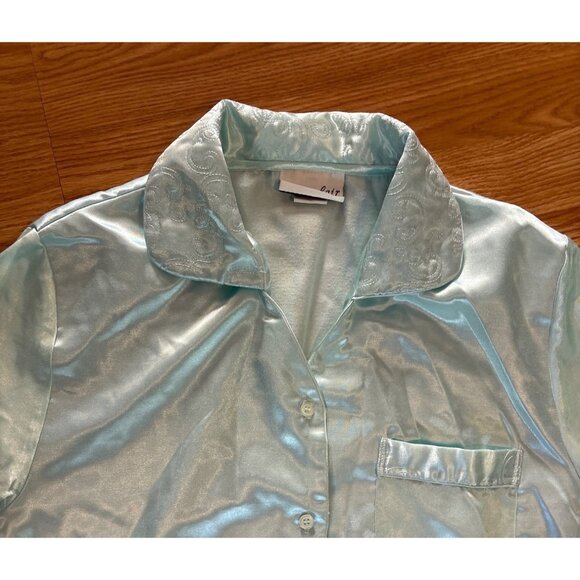 Vanity Fair Pajama Set Silky Mint Green Embroidered Med (10-12) Button Pockets - Picture 2 of 13